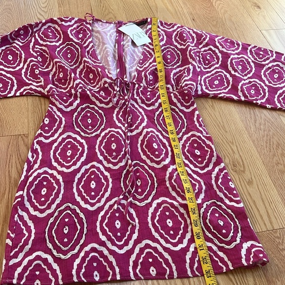 New! Zara pink geometric beaded deep neck cotton/linen mini dress. - Picture 15 of 16